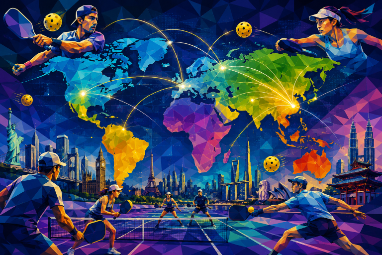A world map overlaid with pickleball court graphics showing the growth of global pickleball 2026.