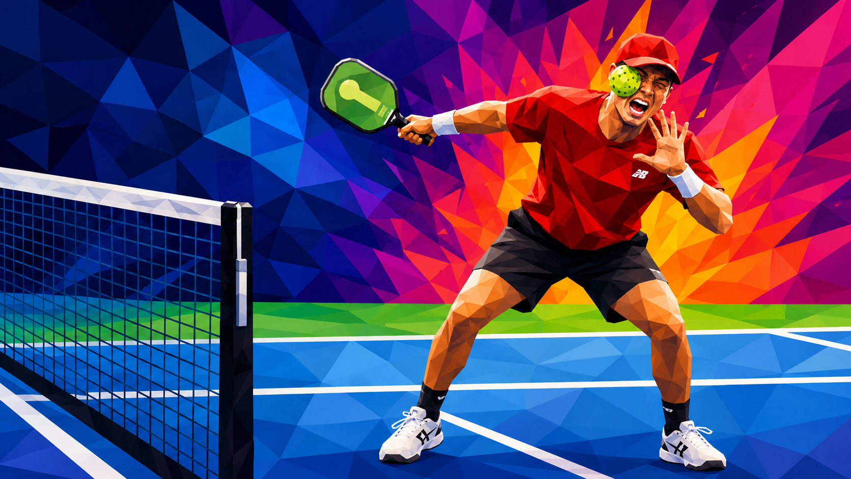Action shot illustrating the controversial pickleball body bag shot where players target opponents with power.