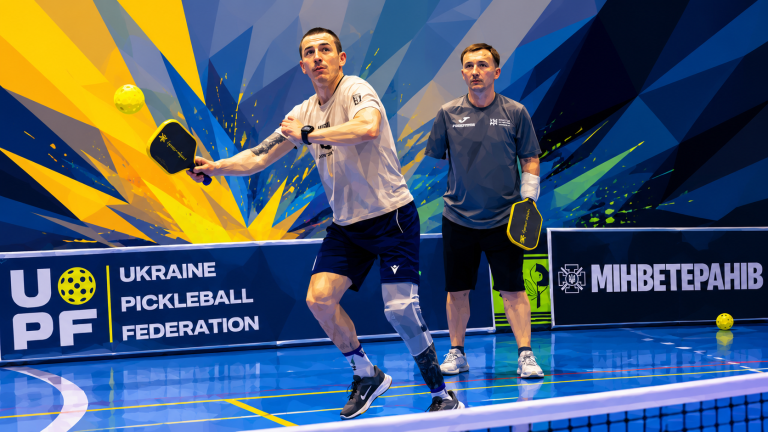 Ukrainian war veterans from Sumy playing in the first Ukraine veterans pickleball championship.