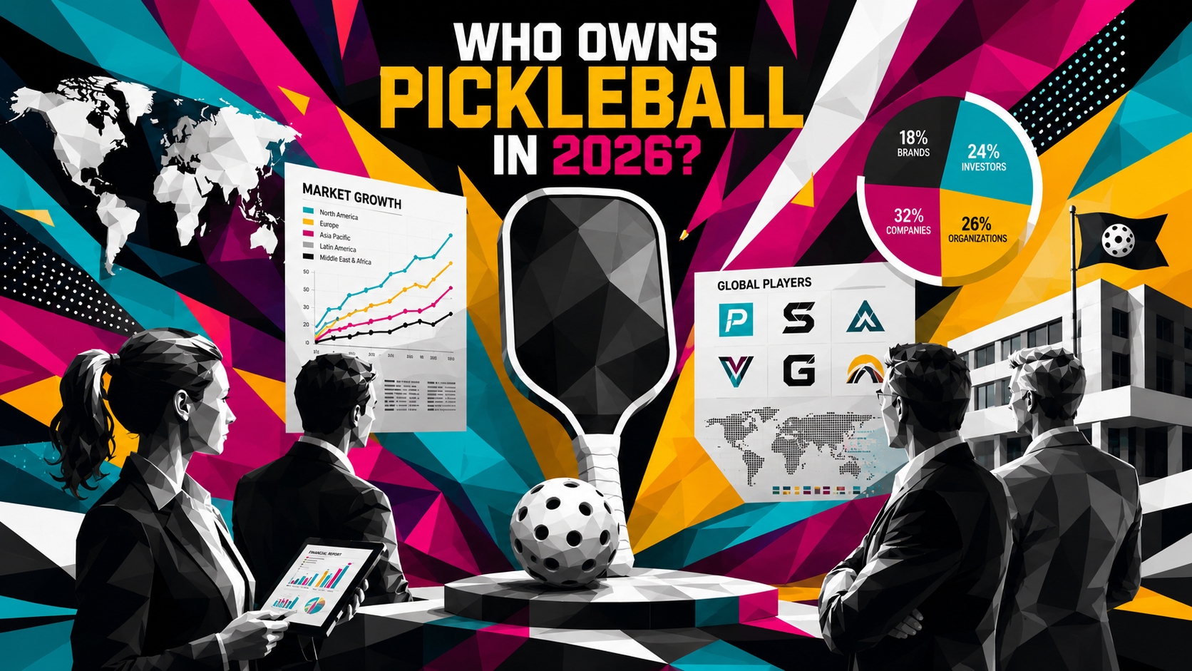 A business meeting or corporate chart illustrating the financial investment and commercialization of pickleball business in 2026.