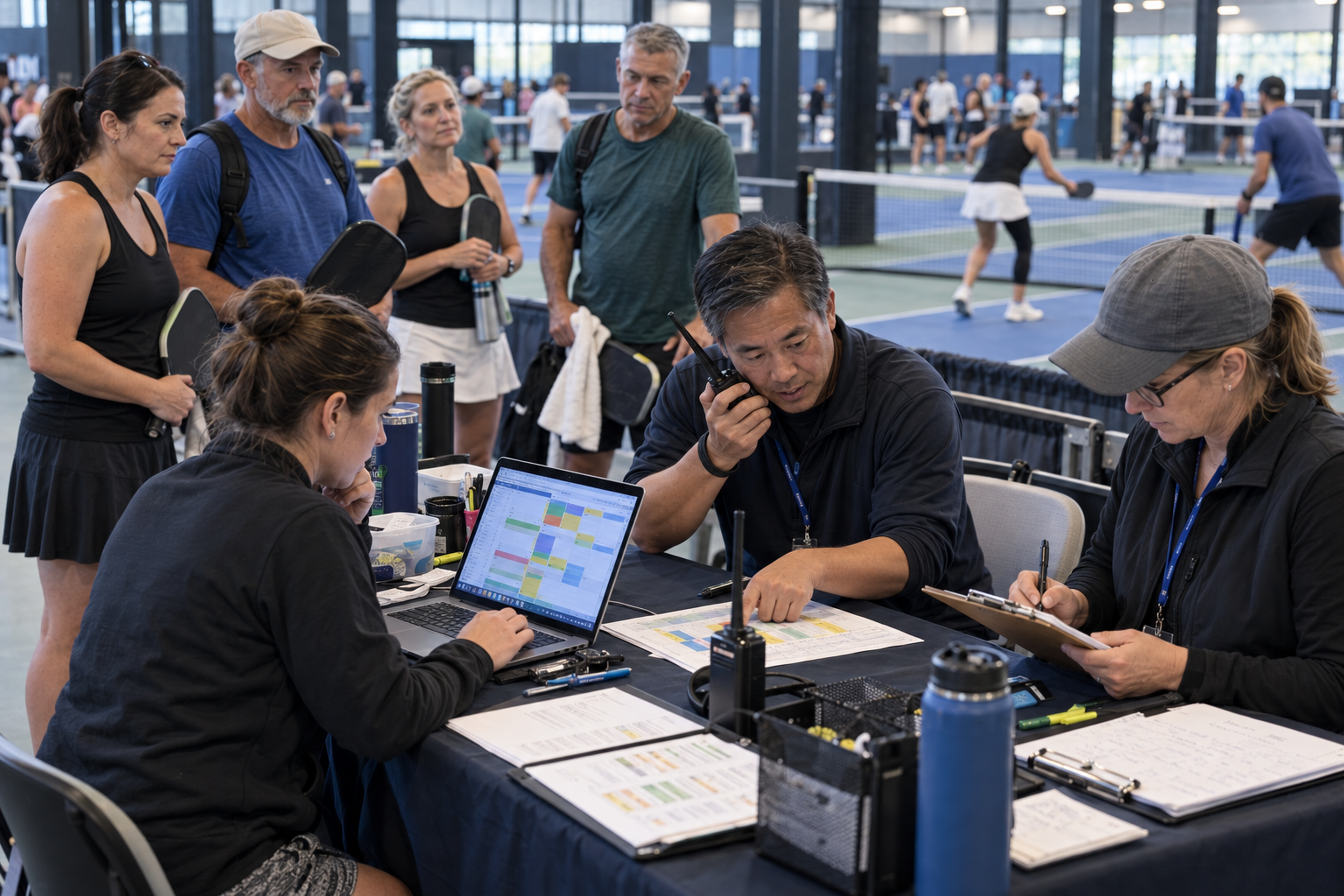 The tournament desk: coordinating hundreds of competitors, court calls, and match sheets across ten-hour days.
