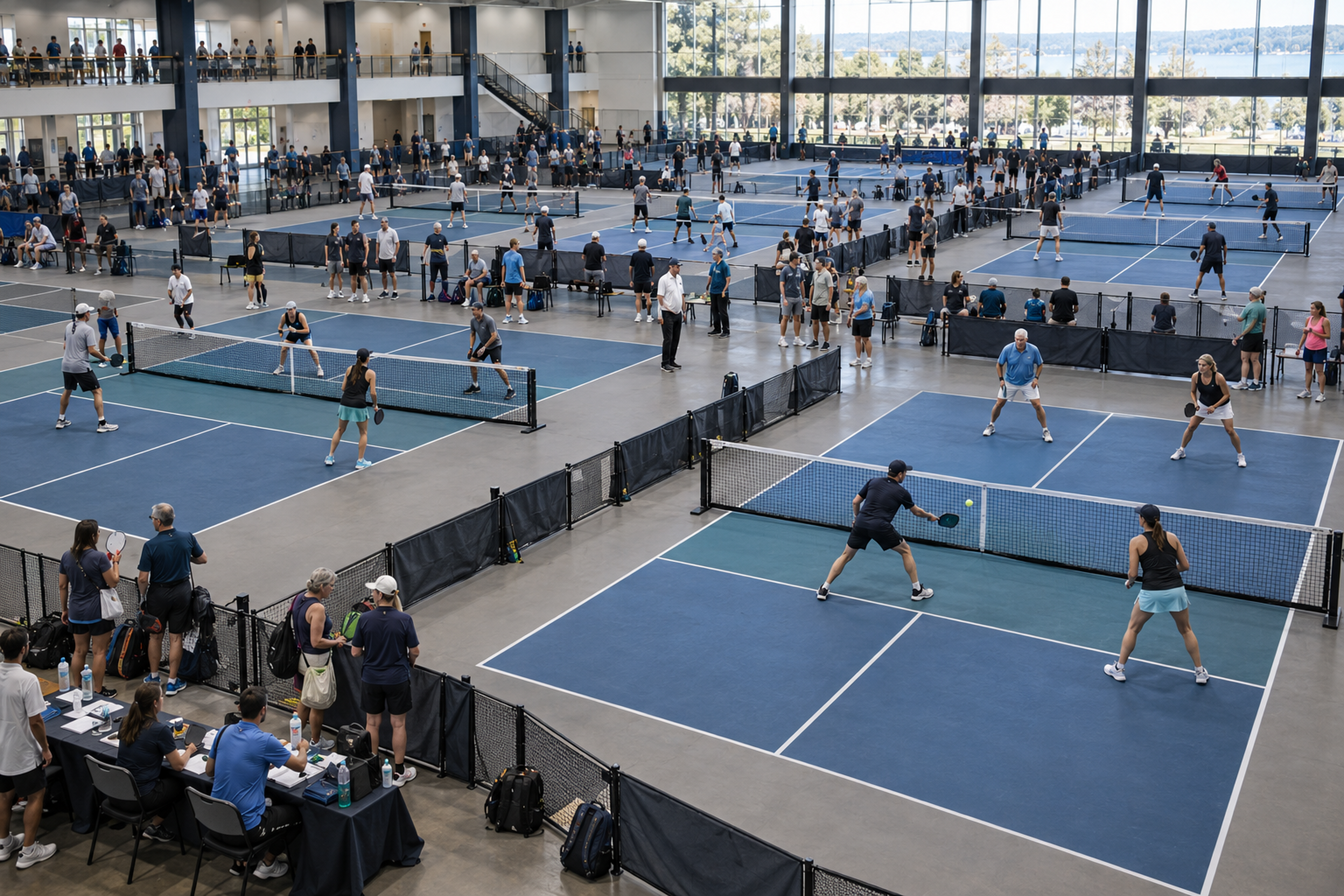Multi-court scheduling complexity where a single three-game delay cascades across entire brackets.