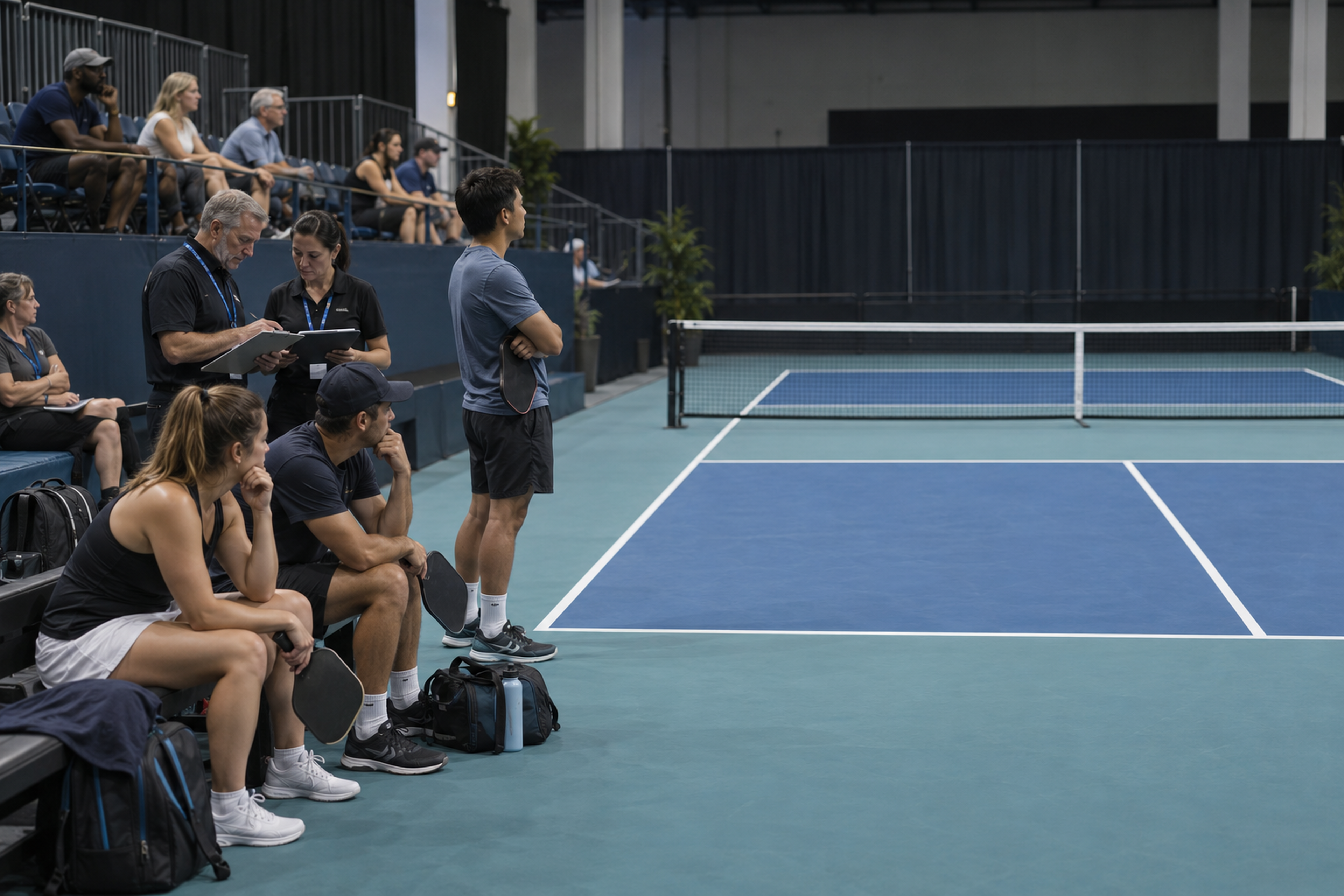 Spectators and young players waiting courtside for the access and engagement promised by tournament hosts.