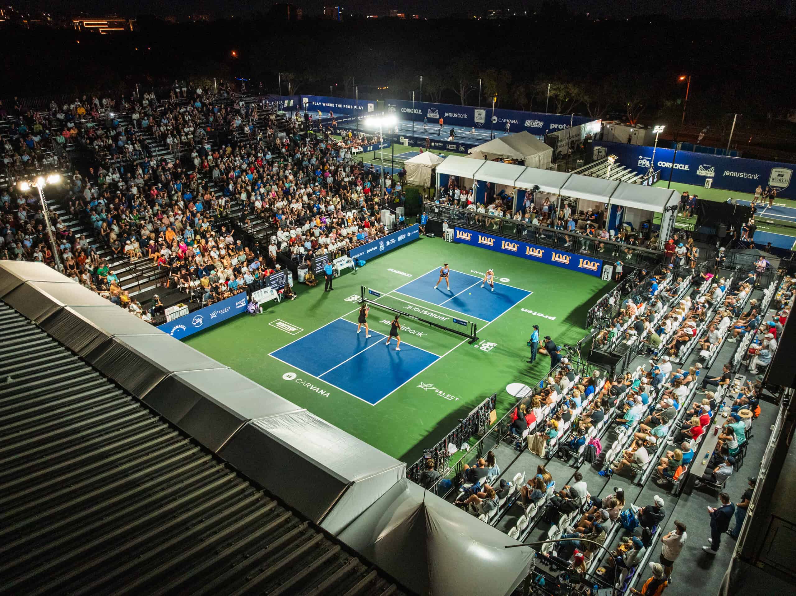 Aerial view of a packed stadium court at night at Brookhaven Country Club during the 2025 pickleball World Championships