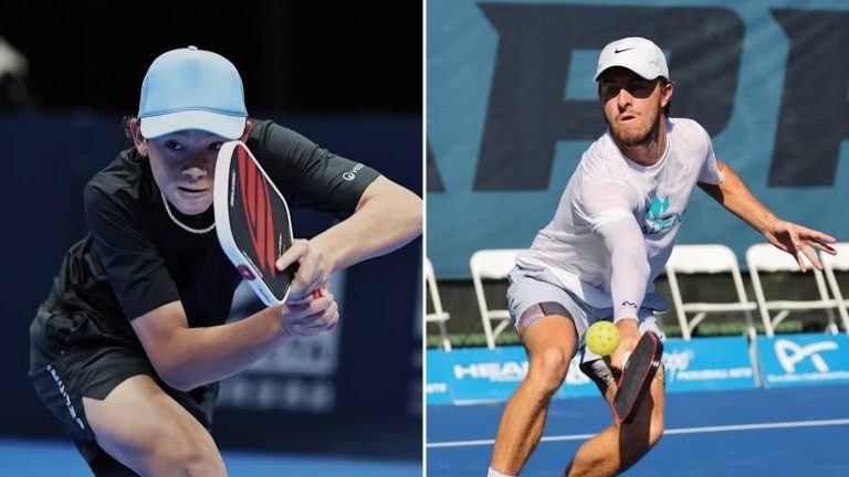 Tama Shimabukuro (left, light blue cap) and Hunter Johnson (right, white cap) playing backhands, side by side